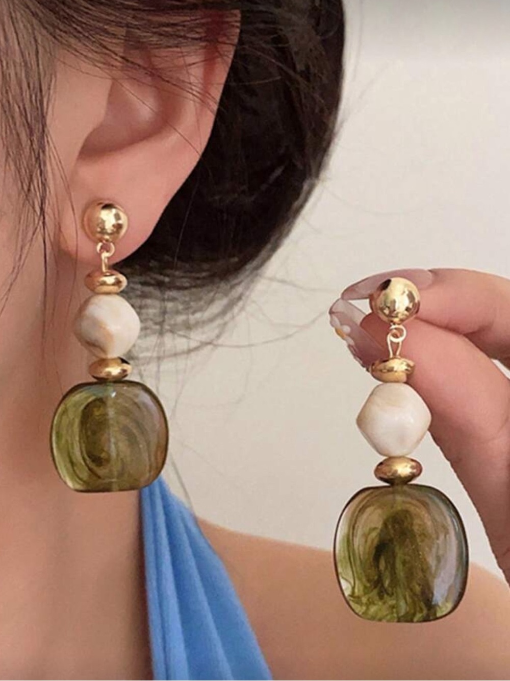 Gold-Tone Olive Green and Cream Bead Drop Earrings